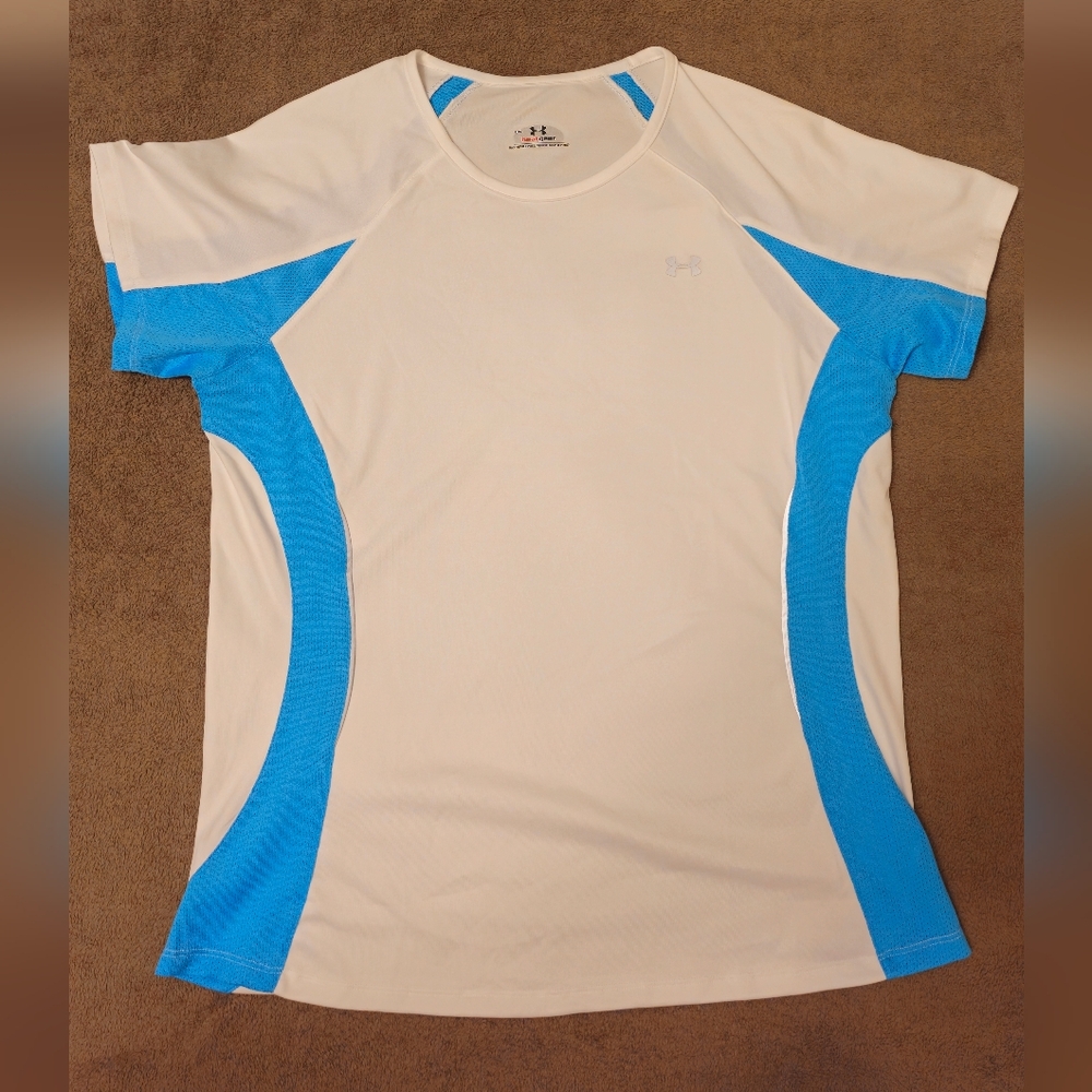 Under Armour White and Blue Heat Gear Shirt, Women's Large